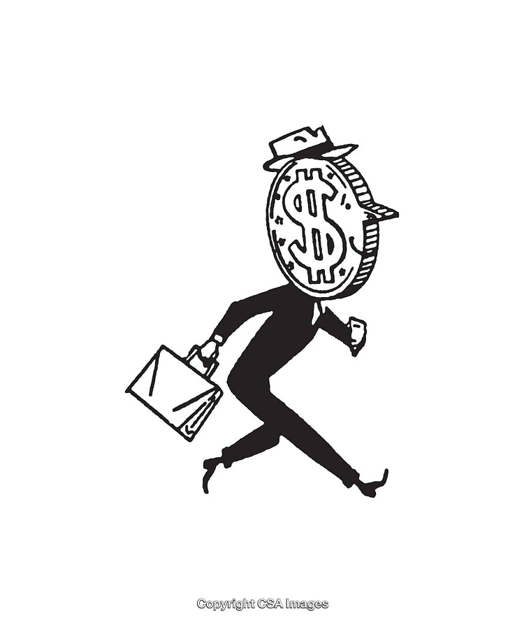 Person with Dollar Coin Head Running Holding a Briefcase in Line Art