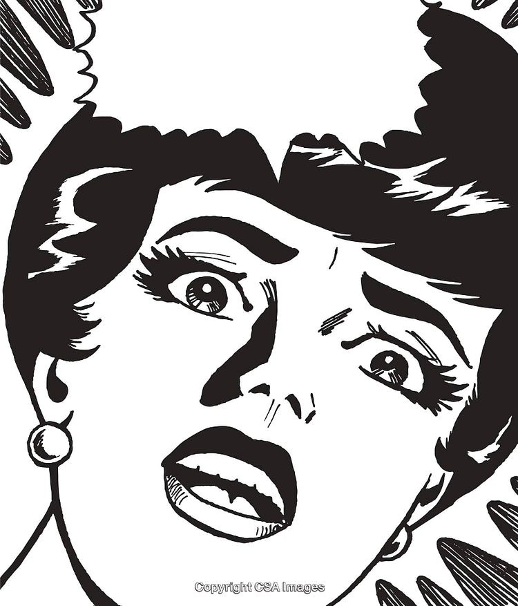 Retro Comic Illustration of Distressed Woman in Black and White Style
