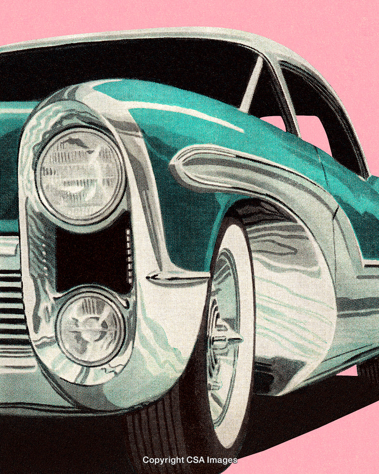Vintage Car Illustration With Bold Colors and Retro Design on Pink Background