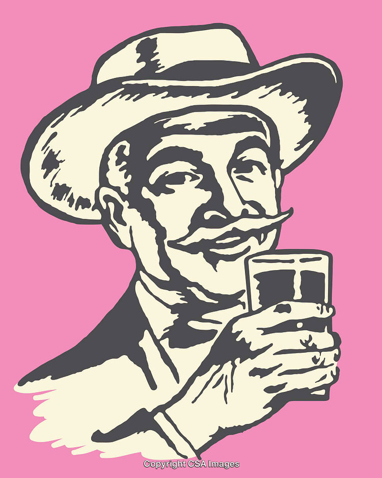 Vintage Line Art Illustration of Man Holding Drink on Pink Background