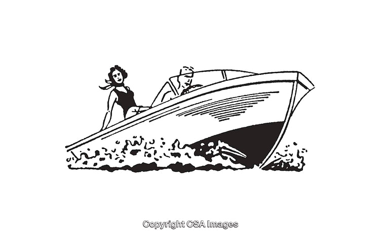 Black and White Line Art Illustration of People on a Speedboat