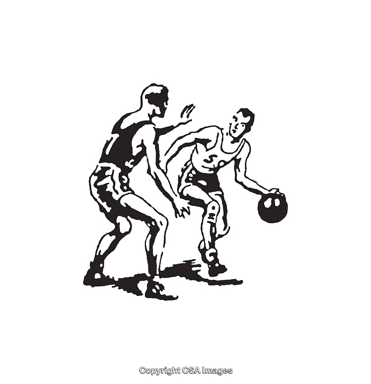 Vintage Black and White Basketball Illustration Showing Two Players in Action
