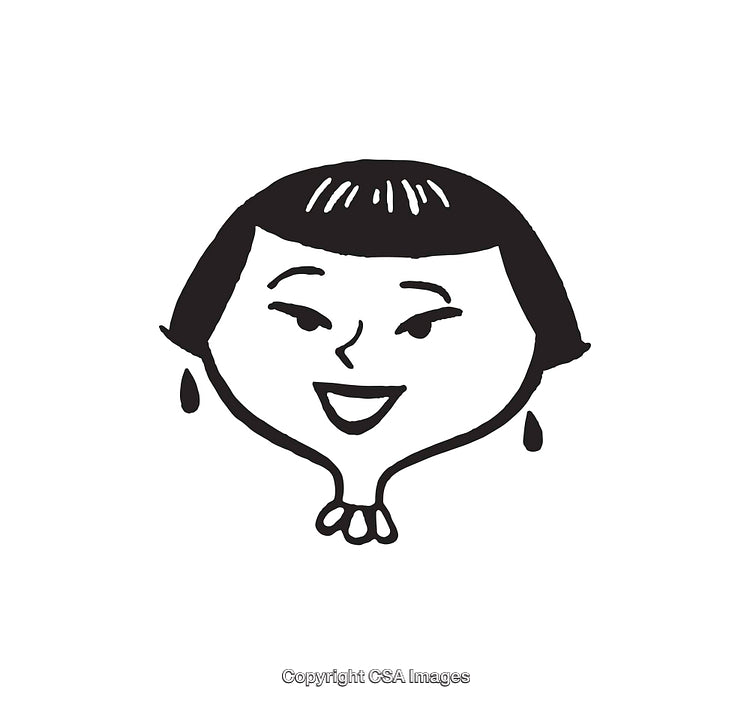 Black and White Line Art Illustration of a Smiling Woman with Earrings