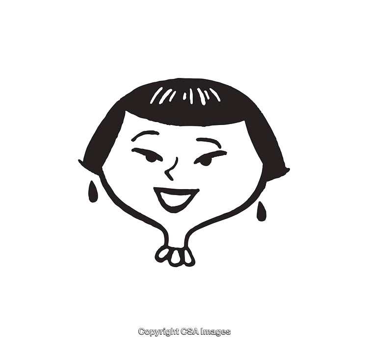 Black and White Line Art Illustration of a Smiling Woman with Earrings