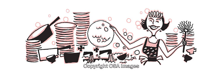 Retro Illustration of a Woman Washing Dishes in a Kitchen