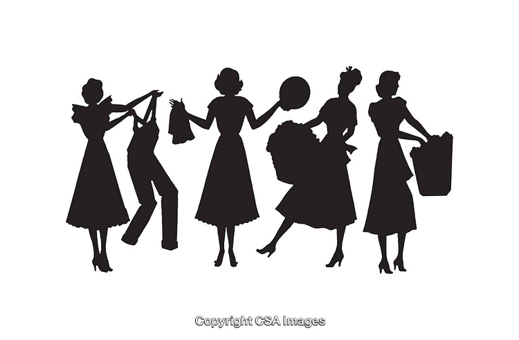 Vintage Silhouettes of Women Engaged in Domestic and Social Activities
