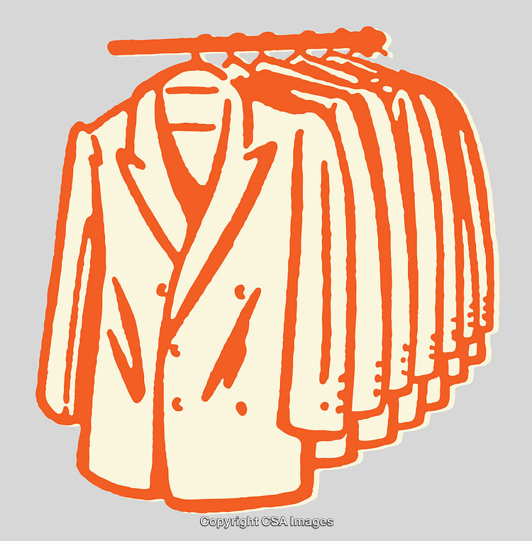 Line Art Illustration of Hanging Formal Suits on Clothing Rack in Orange Tones