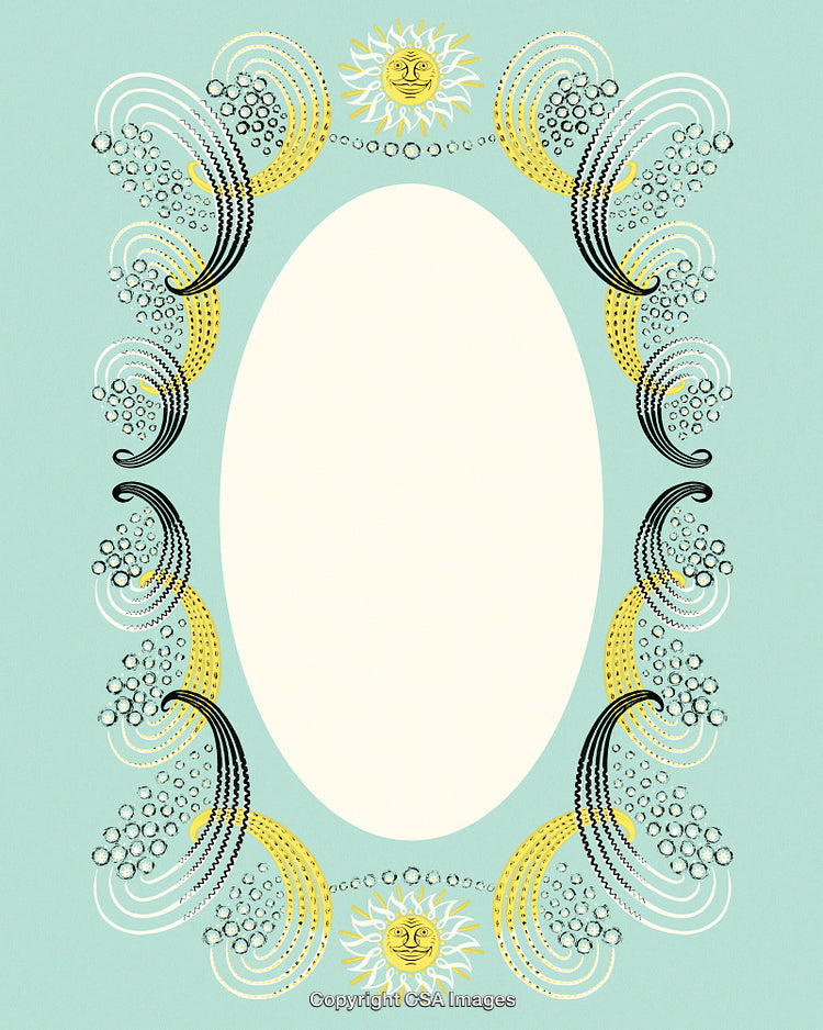 Elegant Oval Frame With Ornamental Sun and Wave Patterns