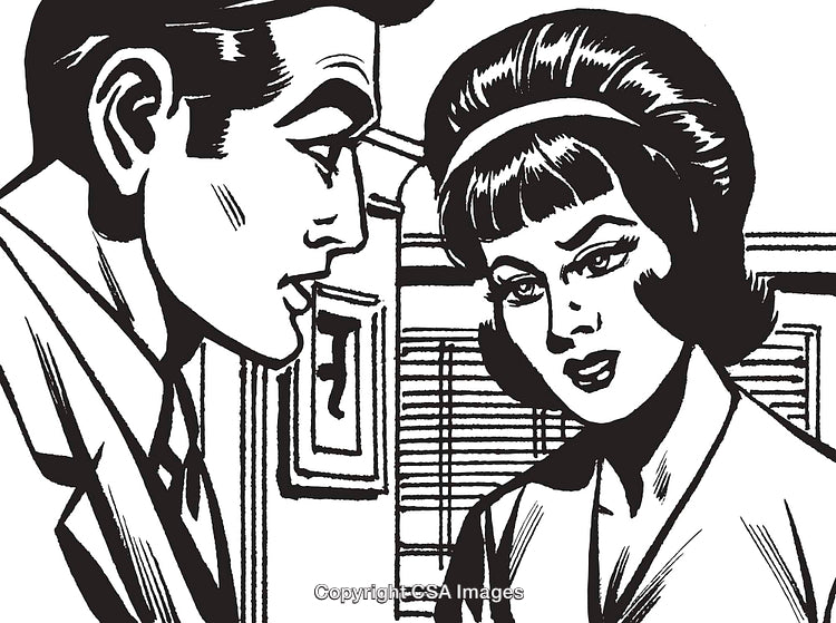 Vintage Comic Illustration of a Man and Woman in a Thoughtful Discussion