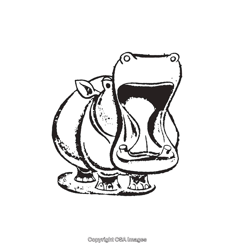 Black and White Line Art Illustration of a Hippopotamus with Open Mouth