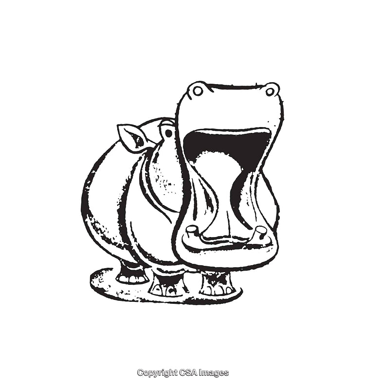 Black and White Line Art Illustration of a Hippopotamus with Open Mouth