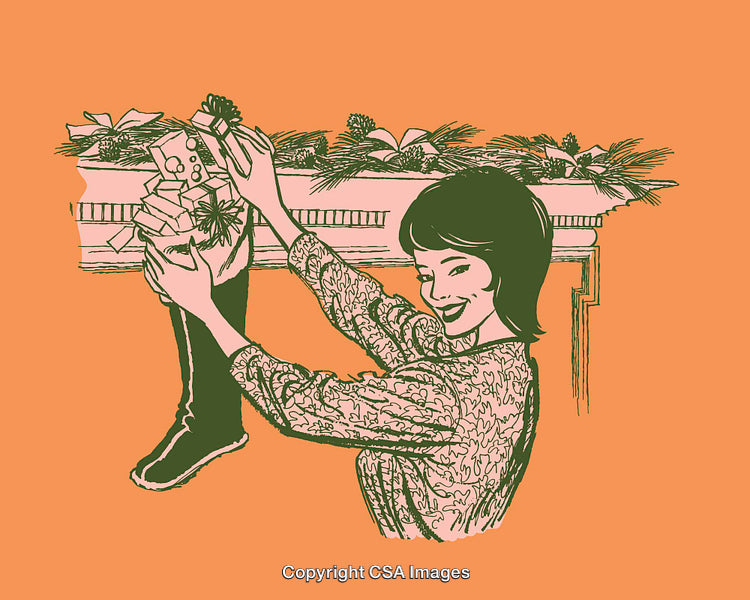 Illustration of Woman Preparing a Stocking for Christmas Celebration