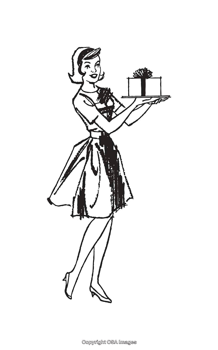 Retro Style Woman Serving Gift Box in Black and White Line Art Illustration