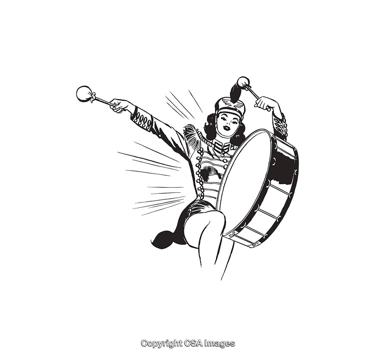 Vintage Style Illustration of Majorette Playing Large Marching Drum