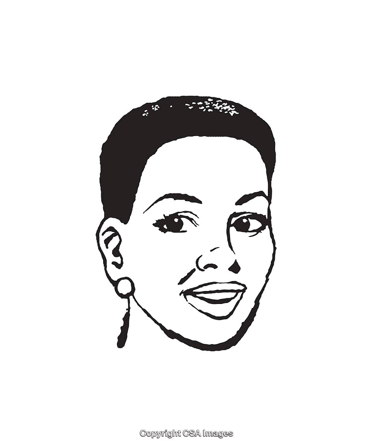 Black and White Line Art Illustration of a Smiling Face with Earrings