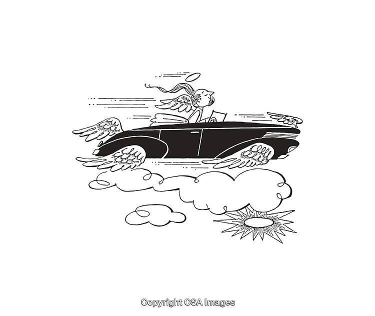 Fantasy Flying Car With Wings Line Art Drawing in Black and White