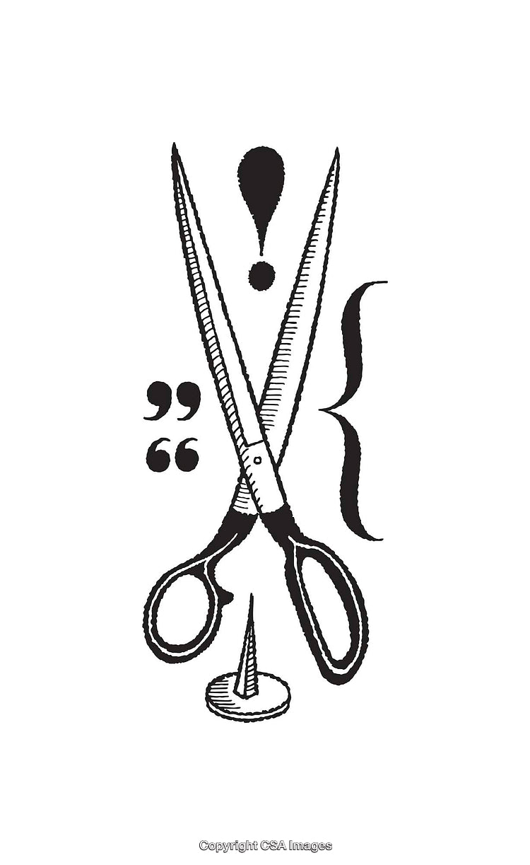 Black and White Line Art Illustration of Scissors and Punctuation Marks