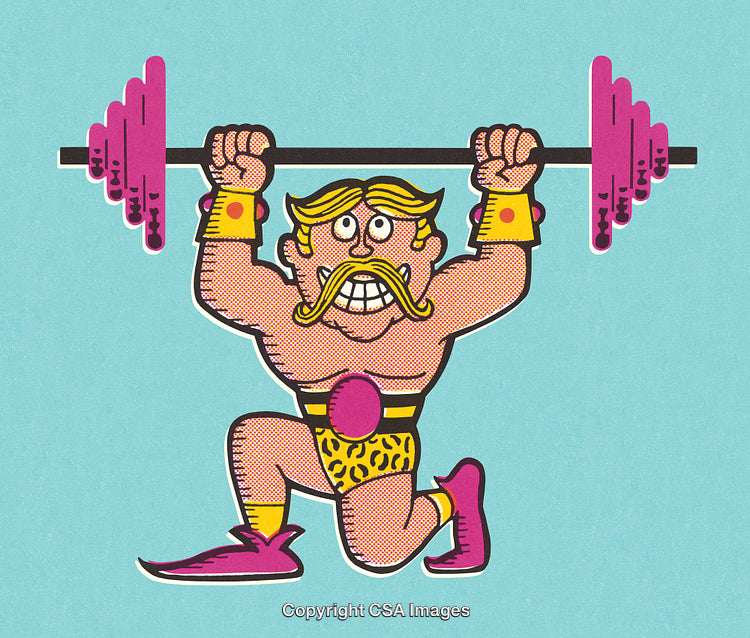 Cartoon Muscleman Lifting Weights in a Fun and Colorful Illustration