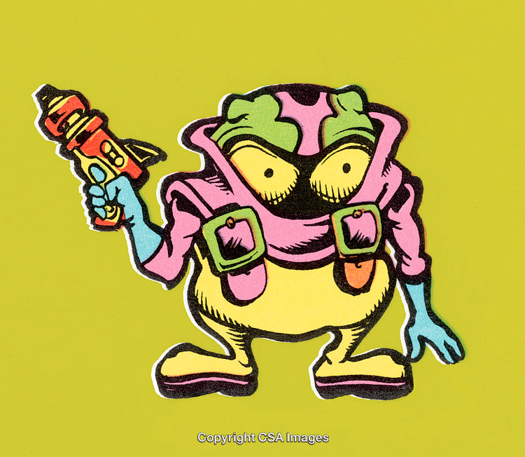 Cartoon Alien Character Holding a Toy-Like Ray Gun on Colorful Background