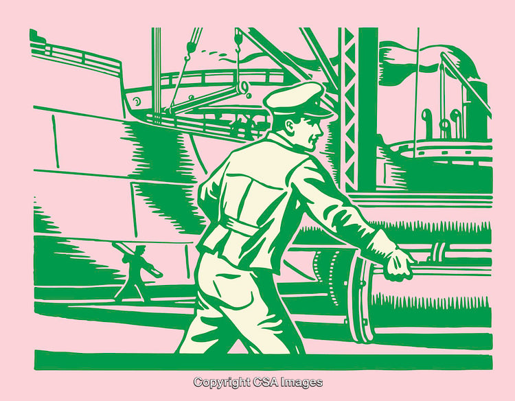 Illustrated Worker in Industrial Setting With Machinery and Docks