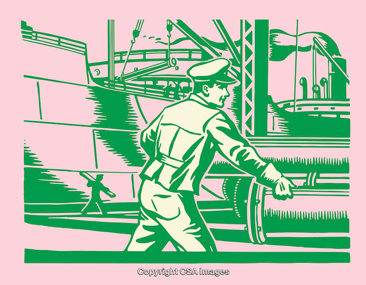 Illustrated Worker in Industrial Setting With Machinery and Docks