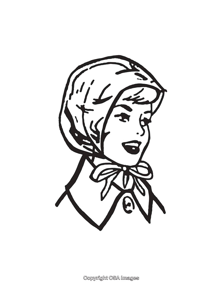 Vintage Line Art of a Woman Wearing a Bonnet and Collar