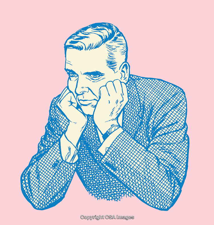 Vintage Pop Art Illustration of a Man in Thoughtful Pose on Pink Background