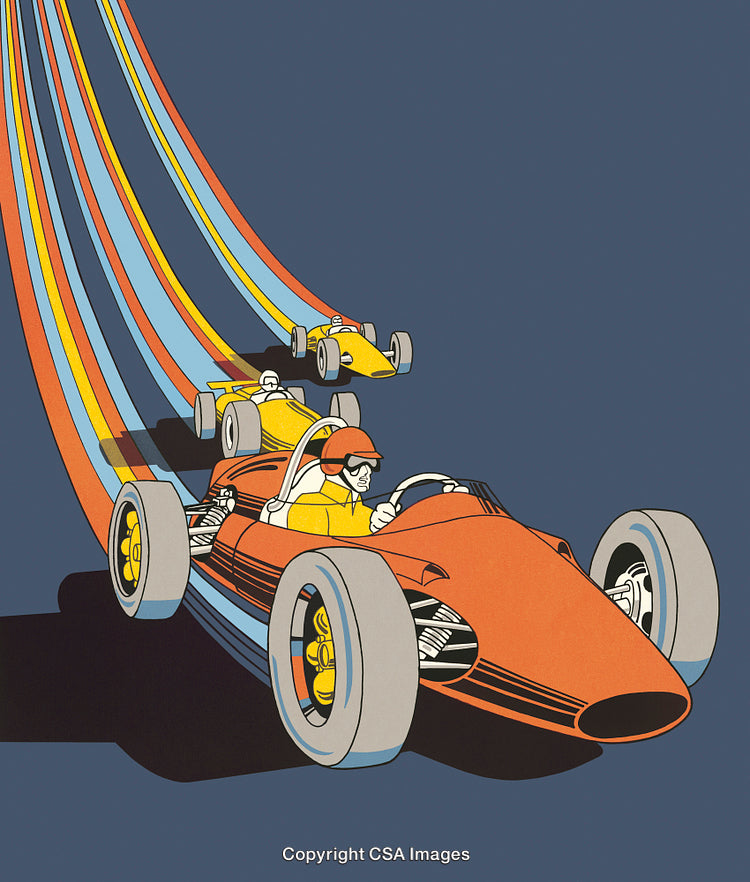 Illustration of Racing Cars with Colorful Motion Streaks on Dark Background