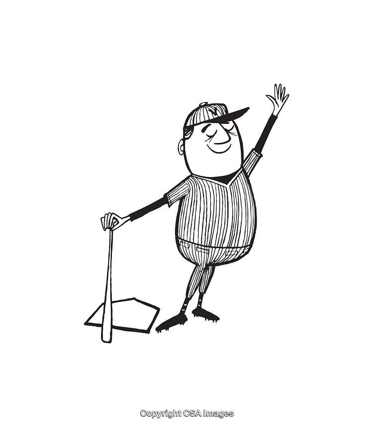 Cartoon Baseball Player Celebrating With Raised Arm and Baseball Bat