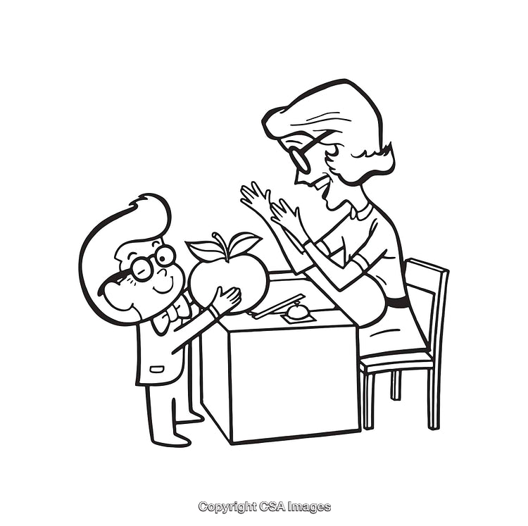 Child Gifting an Apple to Teacher in Black and White Line Art