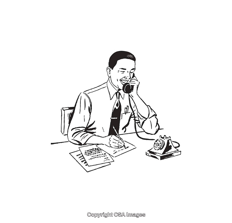 Classic Black And White Line Art of Office Worker Talking on Telephone