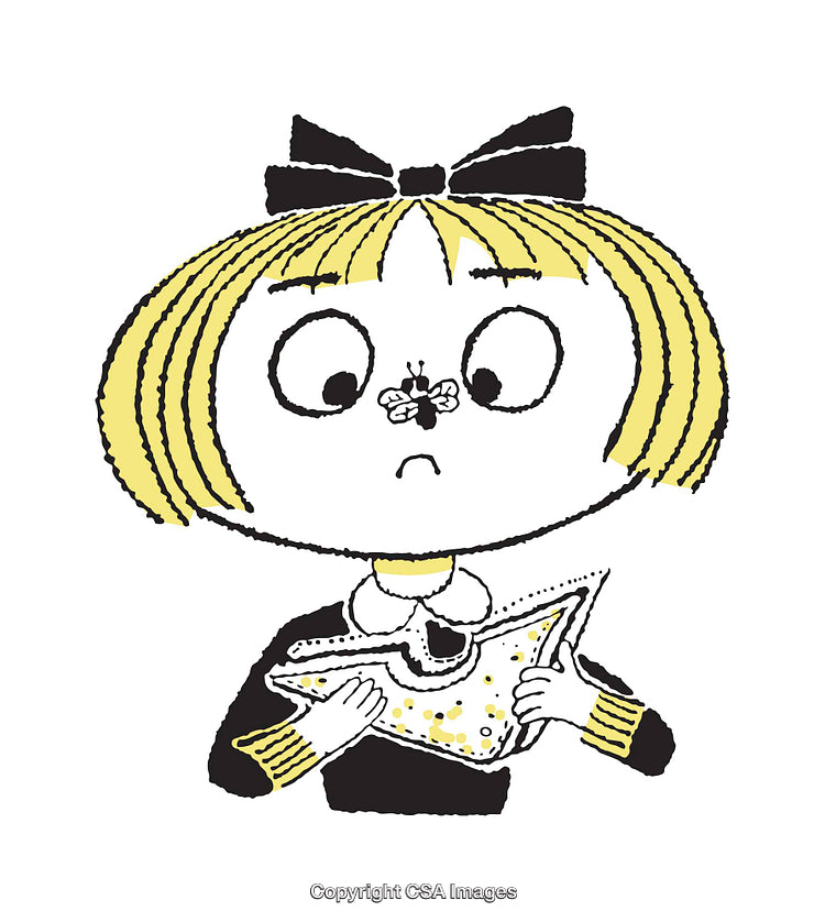 Whimsical Cartoon Illustration of a Girl Holding a Sandwich With a Fly Nearby