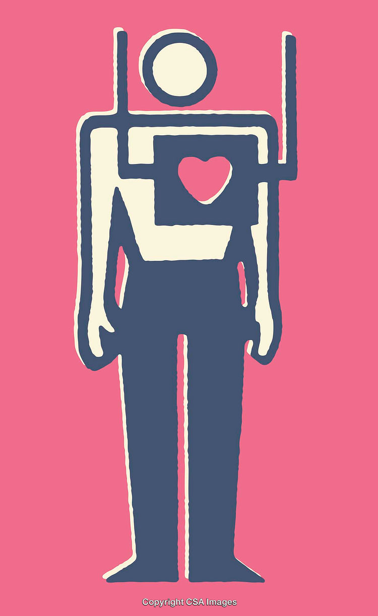 Abstract Line Art Illustration of Robot Figure with Heart on Pink Background