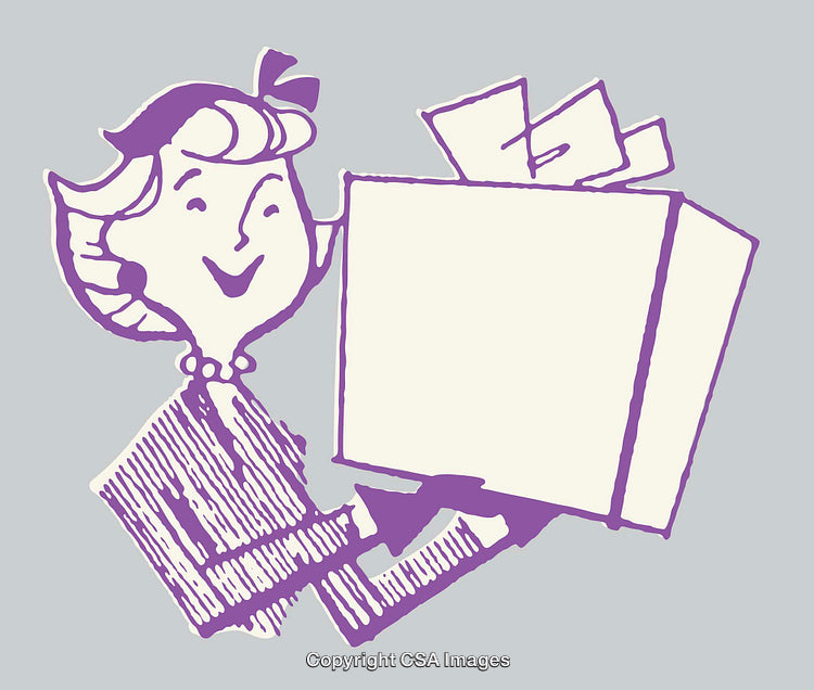 Colorful Line Art of a Woman Holding a Gift Box with a Smile
