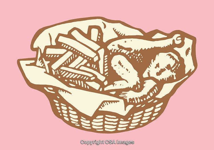 Hand-Drawn Illustration of Food Basket with Chicken and Fries