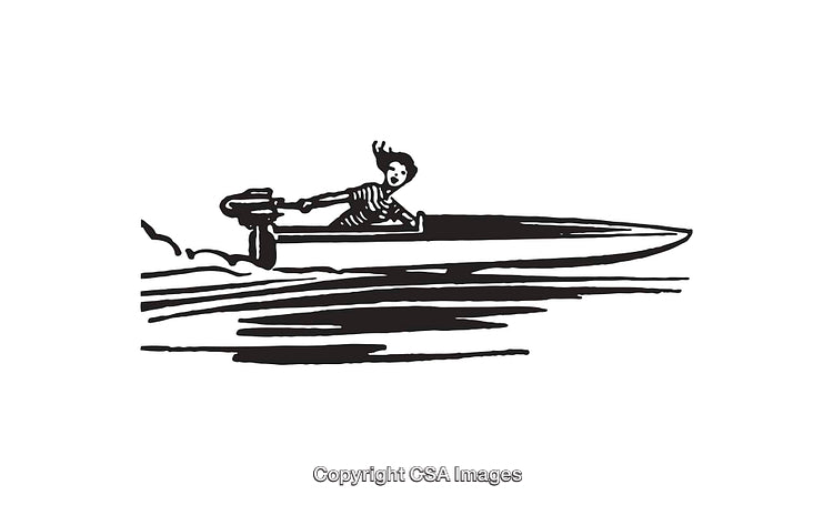Black and White Illustration of a Speedboat with Rider in Motion