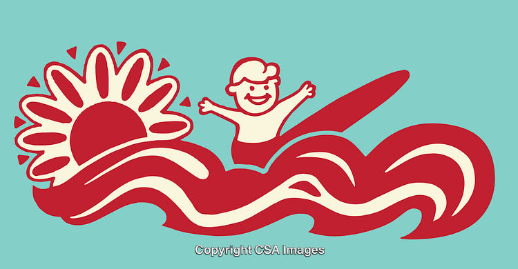 Colorful Illustration of a Surfer Enjoying Waves and a Rising Sun