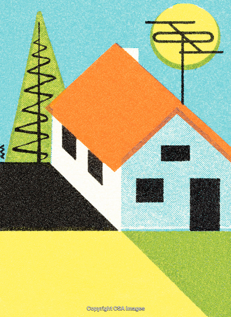 Simplistic Illustration of a Home With a Tree and Antenna Under Sun