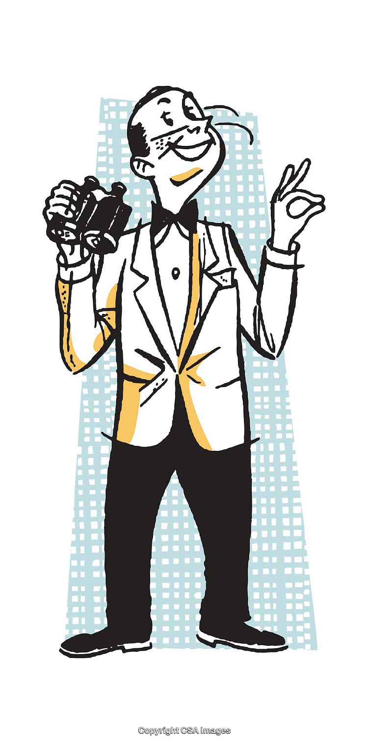 Retro Cartoon Illustration of a Cheerful Gentleman Holding Binoculars
