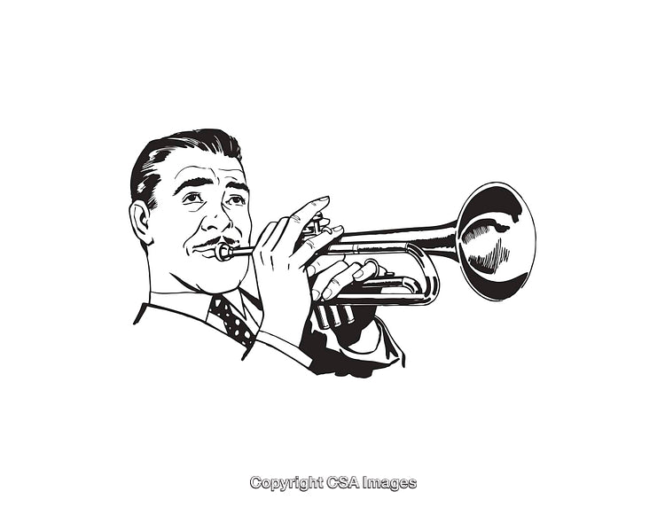 Illustration of a Musician Playing a Trumpet in Black and White