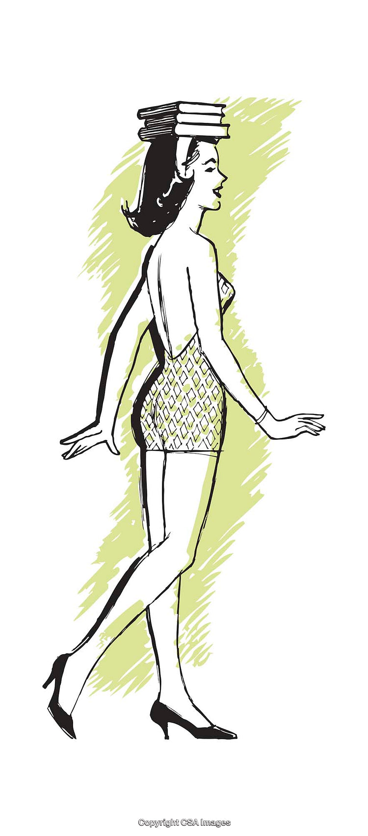 Stylized Illustration of a Woman Balancing Books on Her Head in Motion
