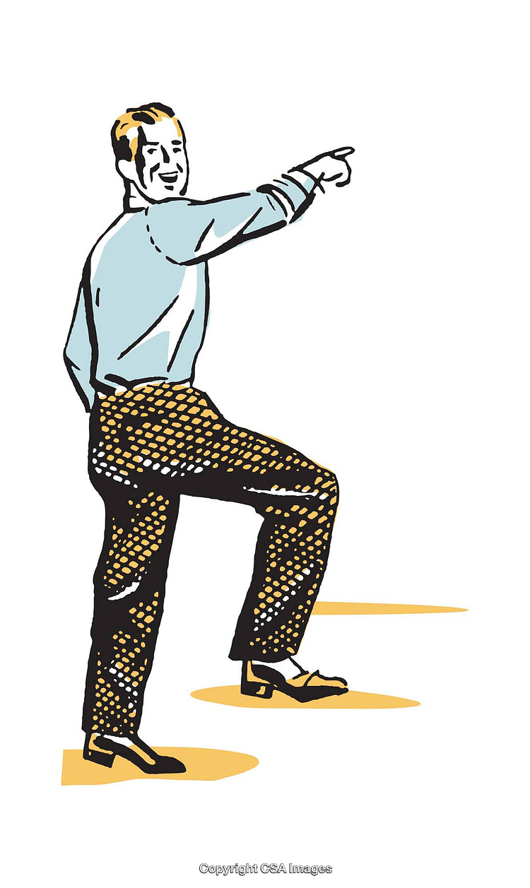 Retro Style Illustration of a Smiling Man Pointing and Stepping Forward