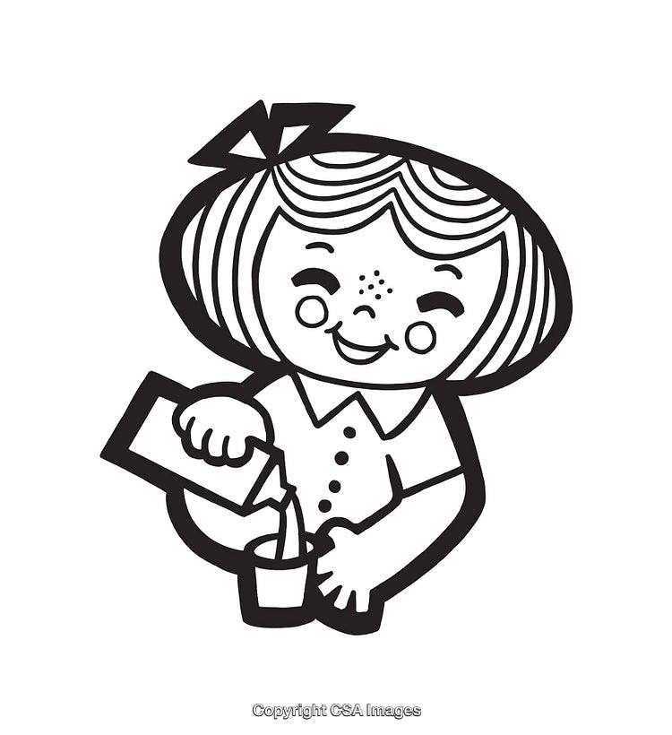 Black and White Cartoon of a Happy Child Pouring a Drink