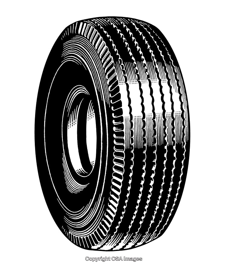 Detailed Black and White Illustration of a Radial Tire with Textured Tread