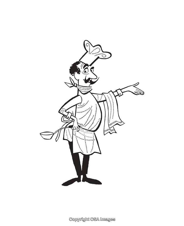 Illustration of a Chef Holding a Ladle and Pointing with Expression