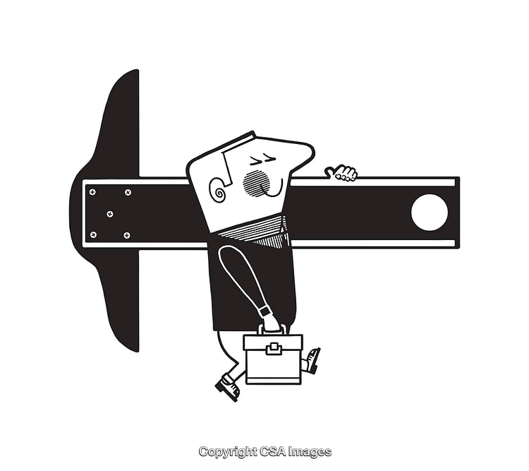 Black and White Line Art Illustration Featuring a Businessman and Tools