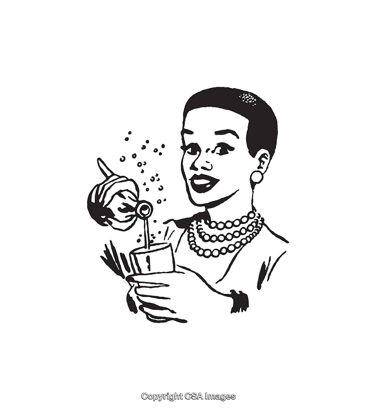 Retro Black and White Line Art of a Woman Pouring a Drink
