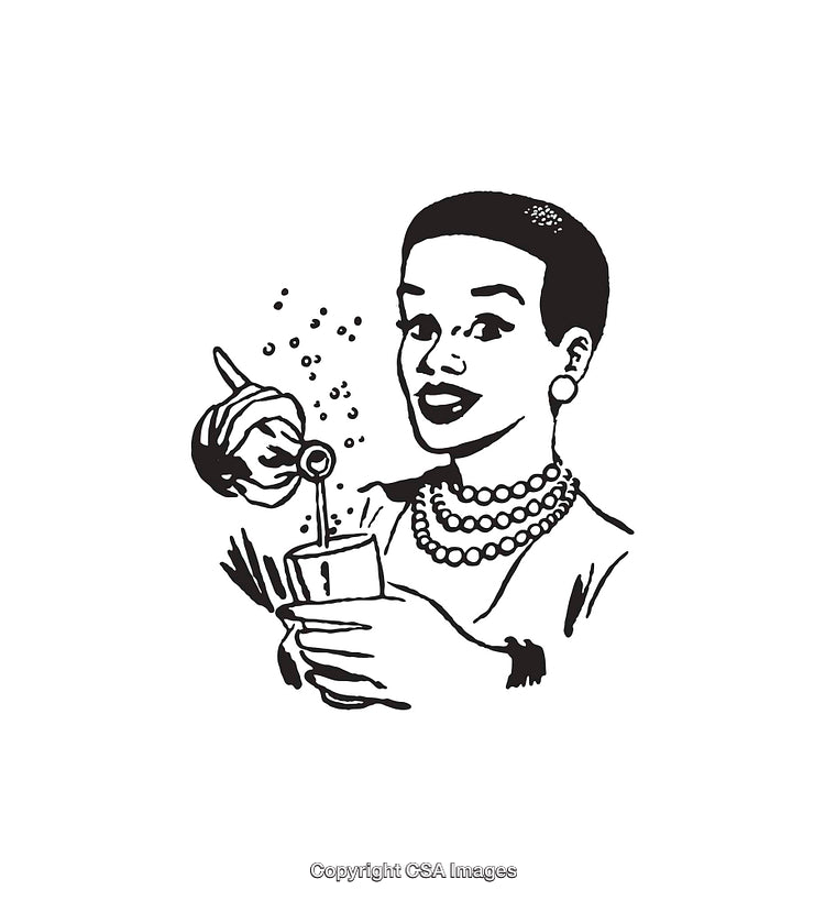 Retro Black and White Line Art of a Woman Pouring a Drink