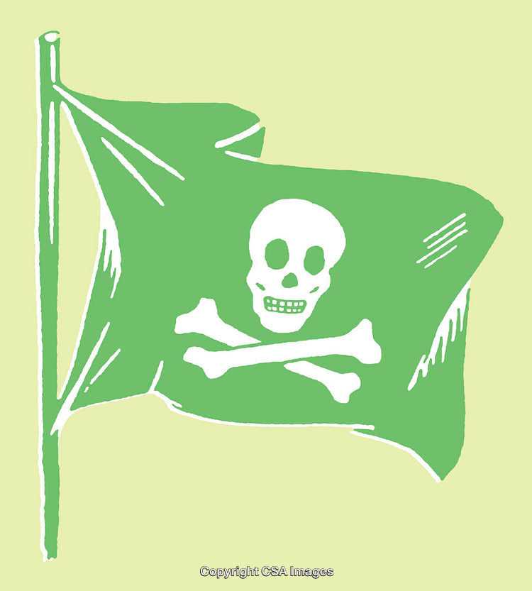 Green Jolly Roger Pirate Flag Line Art Illustration on Yellow Background