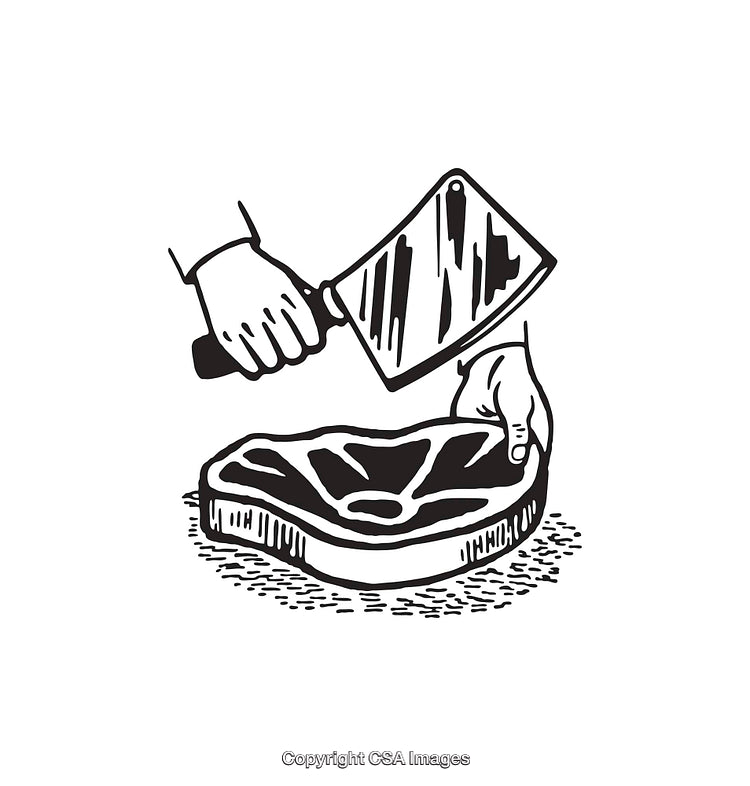 Black and White Line Drawing of a Cleaver Cutting Fresh Meat on a Surface